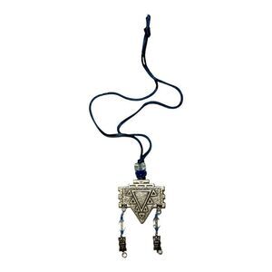 Women’s Aztec Inspired Silk Cord Metal Necklace Blue/Silver